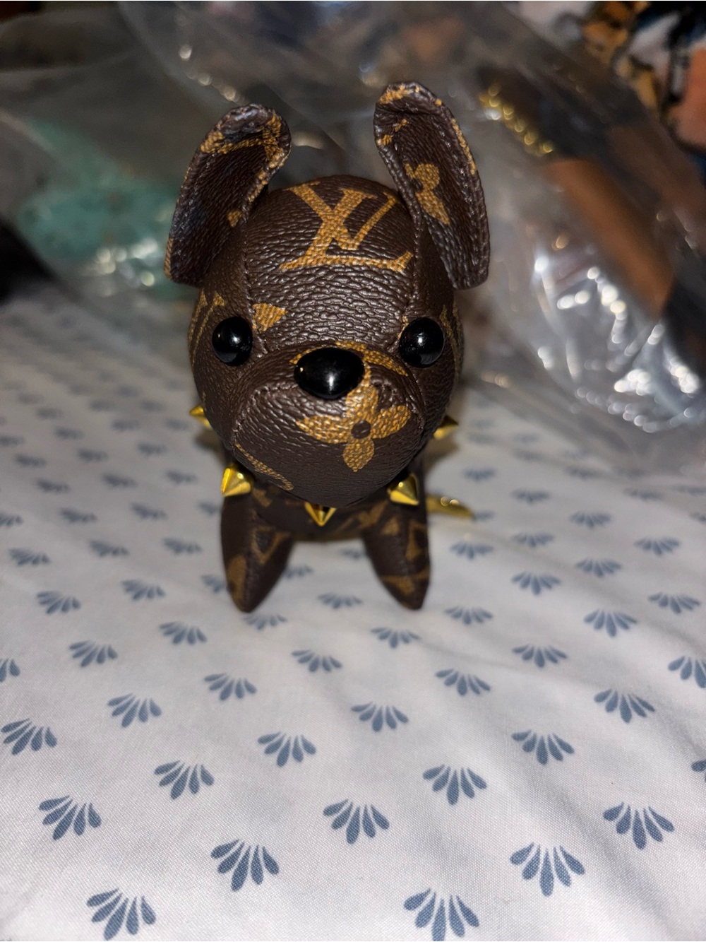 New Brown Monogram Dog Key Charm with Gold Studs - Picture 3 of 5